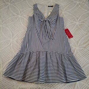 Lauren Ralph Lauren Blue Cream Striped Tie Front Tiered Dress Size 16 NWT